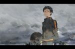  1boy black_border black_hair border closed_mouth commentary_request copyright_notice grey_sky gundam gundam_hathaway&#039;s_flash hathaway_noa helmet holding holding_helmet jumpsuit kalak_39 mecha_pilot_suit mobile_suit_gundam outdoors short_hair sky unworn_headwear unworn_helmet 