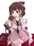  1girl :p aisu_(ahono_ice) apron bow brown_eyes brown_hair cherry_blossoms cowboy_shot dango flower food frilled_apron frills hair_bow hair_flower hair_ornament hands_up highres holding holding_food japanese_clothes kimono looking_at_viewer maid mitarashi_dango pink_flower pink_kimono reverse:1999 satsuki_(reverse:1999) short_hair sitting solo tongue tongue_out wa_maid wagashi white_apron wide_sleeves wrist_chain 
