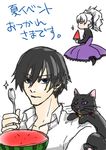  1boy 1girl animal black_cat black_eyes black_hair cat collar darker_than_black dress eating food fruit grey_hair hair_ribbon hei long_sleeves mao mao_(darker_than_black) ponytail purple_dress purple_eyes ribbon shirt shoulder_perch spork watermelon white_background white_shirt yin 