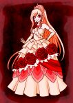 1girl artist_name bare_shoulders blonde_hair breasts closed_mouth commentary danganronpa_(series) danganronpa_3_(anime) dark_persona dress dress_flower earrings elbow_gloves english_commentary eyelashes flower full_body glint gloves jewelry long_hair necklace official_alternate_costume official_alternate_eye_color outline ponytail queen red_eyes red_flower red_outline robictheescapist smile solo sonia_nevermind spoilers third-party_source tiara white_dress white_gloves 