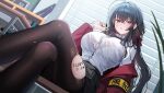  1girl absurdres ahoge armband azur_lane black_bow black_bowtie black_hair black_nails black_pantyhose black_skirt blush body_writing bow bowtie bra breasts button_gap buttons chalkboard cleavage clock collared_shirt commentary_request crossed_bangs crossed_legs desk dutch_angle from_below hair_between_eyes hair_bow hand_up highres holding holding_pen jacket large_breasts long_hair long_sleeves looking_at_viewer nail_polish official_alternate_costume open_clothes open_jacket pantyhose parted_lips pen plant pleated_skirt red_bow red_eyes red_jacket school_desk school_uniform see-through_clothes see-through_shirt shirt shirt_tucked_in sidelocks sitting skirt solo suisen_(suisenhwa) sweat taihou_(azur_lane) taihou_(sweet_time_after_school)_(azur_lane) thighs torn_clothes torn_pantyhose translation_request underwear very_long_hair white_shirt window window_blinds yellow_armband 