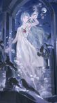  1girl absurdres arch bird branch commentary curtained_hair dissolving dress flower full_body full_moon grey_hair heart_(organ) highres holding holding_branch jiyun0805 long_hair moon night night_sky original outdoors parted_bangs parted_lips red_eyes ribs sky sleeveless sleeveless_dress solo stairs symbol-only_commentary very_long_hair white_dress white_flower 