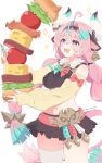  1girl absurdres ahoge animal_ears belt braid cow_ears cow_horns cow_tail drooling food genshin_impact highres holding holding_food holding_sandwich horns long_hair midriff miniskirt mouth_drool navel pink_hair purple_eyes red_belt sandwich single_thighhigh skirt sweet_miuk_tea tail thighhighs twin_braids twitter_username varesa_(genshin_impact) white_background 