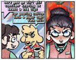 5:4 aloha_shirt beverage bird_dog black_hair canid canine canis clothing coffee coffee_cup container cup death_glare dialogue domestic_dog duo english_text female floppy_ears fur glare golden_retriever hair half-closed_eyes humor hunting_dog male mammal narrowed_eyes open_mouth open_smile pattern_clothing pattern_shirt pattern_topwear rawdawgcomics retriever shirt smile speech_bubble stahli_(rawdawgcomics) text topwear vest white_body white_fur wide_eyed yellow_body yellow_fur