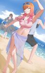  3girls absurdres barefoot beach black_dress black_hair black_shorts blue_hair blue_sky breasts closed_eyes cloud cloudy_sky day dress eyewear_on_head gradient_hair grey_hair grey_tank_top grin herzu highres hiodoshi_ao hololive hololive_dev_is ichijou_ririka juufuutei_raden large_breasts multicolored_hair multiple_girls navel ocean orange_hair outdoors pink_hair purple_sarong sand sarong shorts sky smile standing sundress sunglasses tank_top teeth virtual_youtuber 