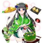  1girl apron black_hair blue_eyes breasts cake cow_girl cow_horns cow_tail daifuku food frilled_sleeves frills green_kimono horns japanese_clothes kimono kusaka_souji large_breasts long_hair maid maid_apron maid_headdress matcha_(food) matcha_parfait miru_holstein omelet omurice parfait tail uchi_no_hime-sama_ga_ichiban_kawaii wa_maid wide_sleeves 