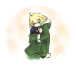  2girls ahoge black_gloves black_hair blonde_hair blue_eyes chito_(shoujo_shuumatsu_ryokou) fur-trimmed_jacket fur_trim gloves green_jacket haru_kano hug jacket long_hair long_sleeves multiple_girls shoujo_shuumatsu_ryokou upper_body yuuri_(shoujo_shuumatsu_ryokou) 