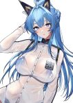  1girl bikini bikini_visible_through_clothes blue_bikini blue_eyes blue_hair braid breasts buttons gloves goddess_of_victory:_nikke hair_intakes helm_(aqua_marine)_(nikke) helm_(nikke) highres jacket large_breasts long_hair long_sleeves naval_jacket rohioart shoulder_boards solo swimsuit wet wet_clothes wet_jacket white_background white_gloves white_jacket 