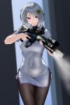  1girl absurdres assault_rifle black_pantyhose breasts china_dress chinese_clothes covered_navel dress geissele_urg-i grey_hair gun highres holding holding_weapon long_hair m4_carbine medium_breasts original pantyhose purple_eyes radiation_symbol rifle skin_tight solo standing weapon wuhe2233pz 