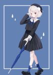  1girl absurdres beret black_hat black_jacket black_shoes black_skirt blue_background blue_socks blunt_bangs blush border buttons closed_umbrella double-breasted from_side full_body grey_hair hair_ornament hand_in_own_hair hat highres holding holding_umbrella jacket loafers long_sleeves looking_at_viewer mocchan_(mo_chan0225) parted_lips pinstripe_jacket pinstripe_pattern pinstripe_skirt pleated_skirt pom_pom_(clothes) pom_pom_hair_ornament school_uniform shoes short_hair simple_background skirt sleeve_cuffs socks solo swept_bangs ui_(voisona) umbrella voisona white_border 