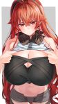  1girl absurdres aged_up ahoge alternate_breast_size bandeau bare_shoulders black_bandeau black_bra black_hairband black_shorts blush bra breasts brown_shorts cleavage closed_mouth clothes_lift collarbone commentary_request cowboy_shot crossed_bangs eris_greyrat frown grey_background groin hair_between_eyes hair_flaps hairband highres huge_breasts large_breasts lifting_own_clothes long_hair looking_at_viewer marbo_(saico556) midriff mushoku_tensei navel pout red_eyes red_hair shirt shirt_lift short_shorts shorts sidelocks sleeveless sleeveless_shirt solo standing strapless strapless_bra sweatdrop thick_eyebrows two-tone_background underwear v-shaped_eyebrows very_long_hair white_background white_shirt 