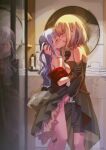  2girls bang_dream! bang_dream!_it&#039;s_mygo!!!!! bathroom black_dress black_gloves black_shorts black_skirt blonde_hair blue_hair blush bra clothing_cutout commentary_request doloris_(bang_dream!) dress eye_contact fingering french_kiss gloves hand_in_another&#039;s_hair highres kiss long_hair looking_at_another medium_hair mirror misumi_uika multiple_girls nipples oblivionis_(bang_dream!) purple_eyes red_bra red_shirt reflection shannon_natural shirt shorts shoulder_cutout skirt togawa_sakiko two_side_up underwear yellow_eyes yuri 