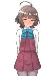  1girl absurdres ahoge aqua_bow aqua_bowtie arms_behind_back blunt_bangs blush bow bowtie collared_shirt commentary_request commission cowboy_shot dress embarrassed full-face_blush furaggu_(frag_0416) highres kantai_collection kishinami_(kancolle) pantyhose pinafore_dress pixiv_commission purple_pantyhose red_dress shirt short_hair simple_background sleeveless sleeveless_dress solo standing variant_set white_background white_shirt yellow_eyes 