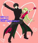  1boy 1girl amber belt black_gloves black_hair black_jacket black_pants black_shoes darker_than_black duo full_body gloves green_hair heart hei jacket orange_eyes pants pink_background red_gloves red_shoes shoes simple_background smile wave waving 