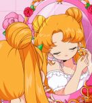  1990s_(style) 1girl adjusting_earrings bad_id bad_twitter_id bare_arms bishoujo_senshi_sailor_moon blonde_hair closed_eyes closed_mouth commentary crescent crescent_earrings derivative_work dot_nose double_bun dress earrings english_commentary eyelashes flower frilled_sleeves frills gift_art hair_bun honeymoonpetal indoors jewelry leaf light_blush lipstick long_hair makeup mirror off-shoulder_shirt off_shoulder official_style parted_bangs pink_flower pink_lips pink_rose puffy_short_sleeves puffy_sleeves red_flower red_rose reflection reflection_focus retro_artstyle ribbon rose shirt short_sleeves smile solo spaghetti_strap tile_wall tiles tsukino_usagi twintails upper_body very_long_hair white_dress white_eyeshadow white_ribbon 