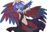  1girl ahoge black_cape blue_eyes blue_feathers blue_hair blush breasts cape claws commentary_request fang feathers hair_between_eyes harpy head_wings highres horns kokodari long_hair looking_at_viewer midriff monster_girl navel open_mouth original red_claws red_feathers red_wings revealing_clothes simple_background skin-covered_horns small_breasts solo white_background wings 