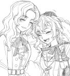  2girls ^_^ ascot closed_eyes gloves greyscale hand_on_another&#039;s_head hat hat_on_back heads_together holster ioi_33333 jacket lineart long_hair lopera_(reverse:1999) moldir_(reverse:1999) monochrome multiple_girls open_mouth reverse:1999 safety_pin shirt shoulder_holster siblings side_ponytail sisters smile step-siblings straw_hat upper_body vest white_background 