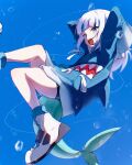  1girl :d absurdres air_bubble bike_shorts blue_hair blue_hoodie blunt_bangs bubble commentary fins fish_tail foot_out_of_frame full_body gawr_gura gawr_gura_(1st_costume) grey_hair high_tops highres hololive hololive_english hood hood_down hoodie long_hair long_sleeves mocchan_(mo_chan0225) multicolored_hair open_mouth pocket shark_girl shark_tail sharp_teeth shoes sleeves_past_wrists smile sneakers solo streaked_hair tail teeth underwater upper_teeth_only virtual_youtuber white_shoes 