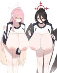  2girls absurdres ahoge alternate_breast_size black_choker black_hair black_wings blue_archive blush braid breasts breasts_out choker clipboard clothes_lift collarbone gigantic_breasts green_eyes gym_shirt gym_uniform hair_between_eyes halo hanako_(blue_archive) hand_on_own_knee hanging_breasts hasumi_(blue_archive) hasumi_(track)_(blue_archive) highres holding holding_clipboard holding_pen jacket korean_commentary kurowanjjyang leaning_forward long_hair long_hair_between_eyes looking_at_viewer multiple_girls nipples official_alternate_costume pen pink_hair pink_halo ponytail red_eyes red_halo shirt side_braid simple_background single_braid standing track_jacket white_background wings 