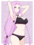  absurdly_long_hair absurdres armpits arms_up bikini border breasts cleavage dani_(angrymatthew) fate/stay_night fate_(series) highres large_breasts long_bangs long_hair looking_at_viewer low-tied_long_hair medusa_(fate) medusa_(rider)_(fate) navel outside_border parted_bangs presenting_armpit purple_background purple_bikini purple_eyes purple_hair swimsuit thighs very_long_hair white_border 