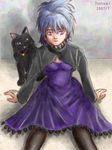  1girl animal bell black_cat cat collar darker_than_black dated dress female grey_hair long_sleeves lowres mao mao_(darker_than_black) ponytail purple_dress purple_eyes sitting yin 