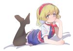  1girl absurdres alice_margatroid black_pantyhose blonde_hair blue_dress blush dress gumingdi_ban hairband highres legs_up lying medium_hair neck_ribbon no_shoes on_stomach pantyhose red_hairband red_ribbon ribbon short_dress short_sleeves simple_background solo the_pose touhou white_background 