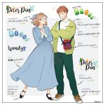  1boy 1girl absurdres animification bow brown_hair character_name contemporary copyright_name couple dress fashion full_body hair_bow happy highres looking_at_viewer meecosme open_mouth peter_pan_(disney) pointy_ears shirt short_hair short_sleeves smile walt_disney&#039;s_peter_pan wendy_darling 