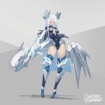  1girl android blue-eyes_white_dragon blue_eyes blue_leotard blue_thighhighs breasts closed_mouth commentary_request commission covered_navel garter_straps grey_background groin highres leotard long_hair medium_breasts natori_youkai parted_bangs signature solo thighhighs very_long_hair white_hair yu-gi-oh! 