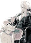  2boys back black_shirt clothed_male_nude_male cloud_strife collar couch final_fantasy final_fantasy_vii glasses gloves hand_on_another&#039;s_head hand_on_another&#039;s_thigh headpat highres kneeling looking_back male_focus multiple_boys nijomushi nude on_couch pants partially_unbuttoned sephiroth shirt short_hair sitting spiked_hair yaoi 