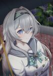  1girl 1other black_hairband black_umbrella blush bow bowtie buttons closed_mouth collared_shirt double-breasted firefly_(honkai:_star_rail) firefly_(spring_missive)_(honkai:_star_rail) gradient_eyes gradient_hair green_bow green_bowtie green_pupils grey_hair grey_sailor_collar hair_between_eyes hair_intakes hairband highres honkai:_star_rail honkai_(series) long_hair multicolored_eyes multicolored_hair nyankokoa plaid_bow plaid_bowtie plaid_clothes sailor_collar shirt solo umbrella white_shirt 