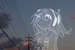  1girl a.i._voice adachi_rei closed_mouth cloud evening jacket lineart one_side_up open_clothes open_jacket outdoors photo_background power_lines smile sn_(sn_utu00) solo upper_body utau 