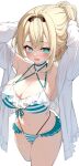  1girl @_@ alternate_breast_size alternate_costume aqua_eyes arms_behind_head arms_up bikini bird black_hairband blonde_hair blue_bikini breasts cleavage commentary criss-cross_halter cropped_legs darjeeling_(reley) double-parted_bangs frilled_bikini frills front-tie_bikini_top front-tie_top hair_between_eyes hairband halterneck highleg highleg_bikini highres hololive jacket java_sparrow kazama_iroha large_breasts looking_at_viewer multi-strapped_bikini_bottom multi-strapped_bikini_top navel o-ring o-ring_bikini open_clothes open_jacket open_mouth short_hair simple_background solo stomach striped_bikini striped_clothes swimsuit symbol-only_commentary virtual_youtuber wavy_mouth white_background white_java_sparrow 