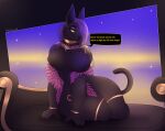 anthro big_butt bracelet breasts butt clothing curvy_figure dialogue domestic_cat egyptian egyptian_clothing eyeshadow felid feline felis female furniture hair hair_over_eye hi_res in_heat_(game) jewelry looking_at_viewer makeup mammal nile_(in_heat) on_sofa photolol.03 purple_hair simple_background sitting sitting_on_sofa sofa solo text thick_thighs wide_hips yellow_eyes