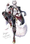  1boy animal_ears arm_behind_back arm_belt black_hair black_jacket black_pants black_undershirt body_fur chest_harness closed_eyes collared_shirt colored_tips cosplay covered_abs covered_pectorals evelyn_chevalier evelyn_chevalier_(cosplay) eyepatch full_body furry furry_male gloves half_gloves hand_up harness high_heels highres jacket jacket_on_shoulders knee_up latex_pants long_tail male_focus mensang multicolored_hair muzzle_(mask) necktie one_eye_covered open_clothes open_shirt pants partially_fingerless_gloves pectorals prosthesis prosthetic_leg shirt shirt_tucked_in short_hair simple_background solo standing standing_on_one_leg string string_around_finger string_in_mouth tail tail_belt tight_clothes tight_pants toned toned_male two-tone_hair undershirt von_lycaon weapon white_background white_fur white_hair white_shirt wing_collar wolf_boy wolf_ears wolf_tail zenless_zone_zero 