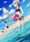  1boy 1girl beach bikini black_cat black_hair blue_sky cat cloud clouds darker_than_black food fruit grey_hair hei mao_(darker_than_black) ocean outdoors sky swim_trunks swimsuit topless umbrella watermelon yin 