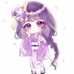  1girl absurdres alternate_costume blunt_bangs blush braid cherry_blossoms chewing chibi chibi_inset chinese_commentary closed_mouth dango eating falling_petals fan_hair_ornament flower flower_ornament food genshin_impact hair_flower hair_ornament hair_ribbon hand_on_own_cheek hand_on_own_face head_tilt highres holding holding_food japanese_clothes kimono long_braid long_hair long_sleeves looking_at_viewer mole mole_under_eye multicolored_hair naixiongpaimusi petals purple_eyes purple_hair purple_kimono purple_ribbon raiden_shogun ribbon sash simple_background single_braid socks solo standing streaked_hair wagashi white_background white_socks wide_sleeves 