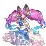  1girl apron bare_shoulders bell black_hair blue_hair breasts cleo_(dragalia_lost) detached_sleeves dragalia_lost gradient_hair heart large_breasts multicolored_eyes multicolored_hair official_art pink_eyes pink_hair saitou_naoki skirt third-party_source whipped_cream 