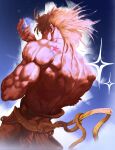  1boy back birthmark blonde_hair dio_brando dio_brando&#039;s_pose_(jojo) from_behind highres joestar_birthmark jojo_no_kimyou_na_bouken jojo_pose lnsqueezearts looking_at_viewer looking_back male_focus medium_hair muscular muscular_male pants red_eyes romaji_commentary scar scar_on_neck solo sparkle stardust_crusaders topless_male yellow_pants 