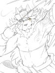  1boy animal_ears arrow_(projectile) closed_mouth commentary_request fang fang_out furry furry_male gegegenomin holding holding_arrow male_focus nipples partially_colored pectorals smile temujin_(housamo) tokyo_afterschool_summoners toned toned_male topless_male wolf_boy wolf_ears 