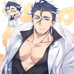  1boy absurdres bara black_hair chibi collarbone earrings facial_hair goatee_stubble green_eyes hagiography hair_between_eyes highres jewelry looking_at_viewer male_focus muscular muscular_male pectorals short_hair stubble tassel tassel_earrings tokyo_afterschool_summoners tsukuyomi_(housamo) upper_body 