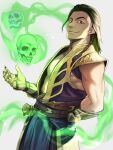  1boy braid brown_eyes brown_hair cowboy_shot fire flaming_skull floating_skull green_fire grey_background highres looking_at_viewer male_focus medium_hair mortal_kombat_(series) mortal_kombat_11 no_shirt seacobalt shang_tsung skull smirk solo toned toned_male 
