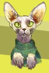 2015 abstract_background ambiguous_gender bust_portrait clothed clothed_feral clothing digital_drawing_(artwork) digital_media_(artwork) domestic_cat felid feline felis feral green_clothing green_sclera green_sweater green_topwear hairless hairless_cat mammal naircat portrait solo sphynx_(cat) sweater topwear