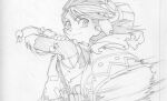 1boy belt belted_romper bilingual_text commentary_request copyright_name cover cowboy_shot dated_commentary fingerless_gloves gloves goggles goggles_on_headwear grandia grandia_i graphite_(medium) greyscale hat hontani_toshiaki justin_(grandia) lineart logo long_hair looking_to_the_side male_focus mixed-language_text monochrome numbered official_art romper sack short_sleeves simple_background smear_frame smile solo straight_hair sword toggles torn_clothes torn_sleeves traditional_media translation_request weapon weapon_strap 