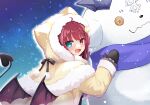  1girl ahoge alternate_costume animal_ear_headwear black_bow black_mittens blue_eyes blue_scarf blush bow brown_capelet brown_jacket button_eyes buttons capelet crescent crescent_hair_ornament debidebi_debiru demon_girl demon_tail demon_wings fang festa11307070 from_behind fur-trimmed_capelet fur-trimmed_hood fur-trimmed_sleeves fur_trim hair_ornament heterochromia hood hooded_capelet jacket looking_at_viewer looking_back mittens nijisanji open_mouth outdoors red_eyes red_hair scarf skin_fang smile snowing snowman solo star_(symbol) tail upper_body virtual_youtuber wings yuzuki_roa 
