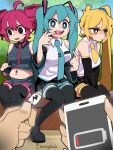  3girls @_@ absurdres ahoge akita_neru android aqua_eyes aqua_hair aqua_necktie bare_shoulders battery_indicator black_skirt black_sleeves black_thighhighs blonde_hair blue_shirt blue_skirt blush bongfill breasts cable detached_sleeves drill_hair electric_plug hair_between_eyes hair_ornament hatsune_miku highres holding holding_cable holding_phone kasane_teto long_hair looking_to_the_side medium_breasts midriff multiple_girls navel necktie open_mouth phone plump pov red_eyes red_hair shirt side_ponytail sitting skirt tears thighhighs twin_drills twintails usb_cable utau very_long_hair vocaloid white_shirt wide_sleeves yellow_eyes yellow_necktie 