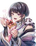  1boy :d black_hair bracelet commentary_request crepe ear_piercing eating fang food fruit highres holding holding_food holding_spoon jewelry looking_at_viewer male_focus nail_polish open_mouth original panda piercing purple_hair purple_nails ring shirt short_hair simple_background skin_fang smile solo spoon strawberry suzaku_(zaku6584) turtleneck turtleneck_shirt upper_body white_background white_shirt 