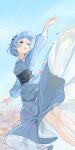  1girl alternate_costume blue_dress blue_eyes blue_hair blurry blurry_background day dress floating_hair flower hair_between_eyes hair_flower hair_ornament hakugyokurou_no_oojou-sama head_wreath highres long_sleeves outdoors outstretched_arms re:zero_kara_hajimeru_isekai_seikatsu rem_(re:zero) short_hair solo standing thigh_gap underbust white_flower 