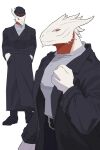  1boy absurdres baldur&#039;s_gate baldur&#039;s_gate_3 belt black_coat coat colored_skin commentary_request contemporary dragon_boy dragonborn_(d&amp;d) dungeons_&amp;_dragons full_body furry furry_male hat highres looking_at_viewer multiple_views red_eyes sho_dora the_dark_urge_(baldur&#039;s_gate) white_background white_skin 