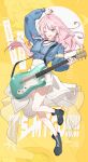  1girl absurdres bang_dream! bang_dream!_it&#039;s_mygo!!!!! black_choker black_shoes blue_jacket chihaya_anon choker commentary copyright_name crop_top cropped_jacket electric_guitar fang full_body grey_eyes guitar highres holding holding_guitar holding_instrument holding_plectrum instrument jacket jewelry long_hair long_sleeves looking_at_viewer midriff mikan_(migwang) navel necklace one_eye_closed open_mouth pink_hair plectrum shoes skirt solo white_skirt zoom_layer 