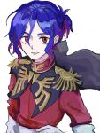  1boy blue_hair char_aznable char_aznable_(cosplay) colored_inner_hair commentary_request cosplay epaulettes gexpj gundam gundam_gquuuuuux hand_on_own_hip high_collar highres jacket long_sleeves looking_at_viewer male_focus military_jacket military_uniform multicolored_hair ponytail purple_hair red_eyes red_jacket short_hair shuji_ito simple_background solo upper_body white_background 